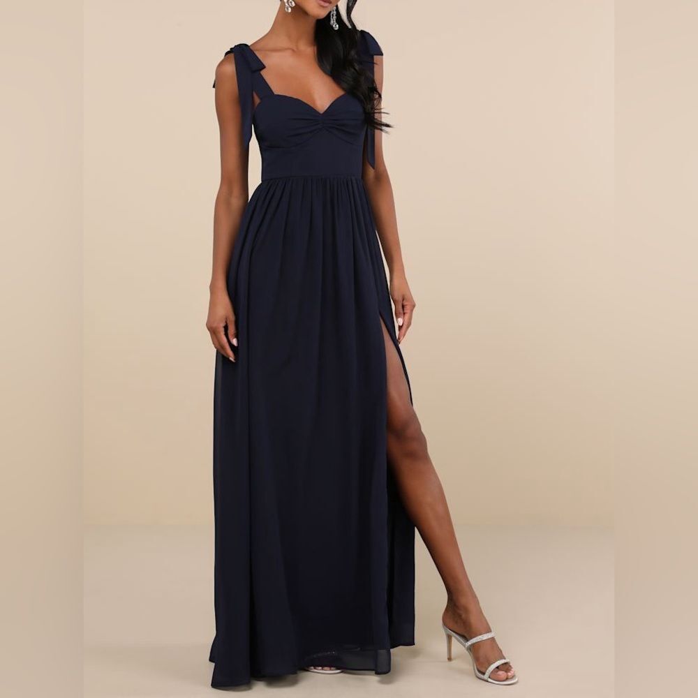 NWT Lulus Radiant Charisma Navy Chiffon Ruched Tie-Strap Maxi Dress Bridesmaid M - Picture 2 of 11